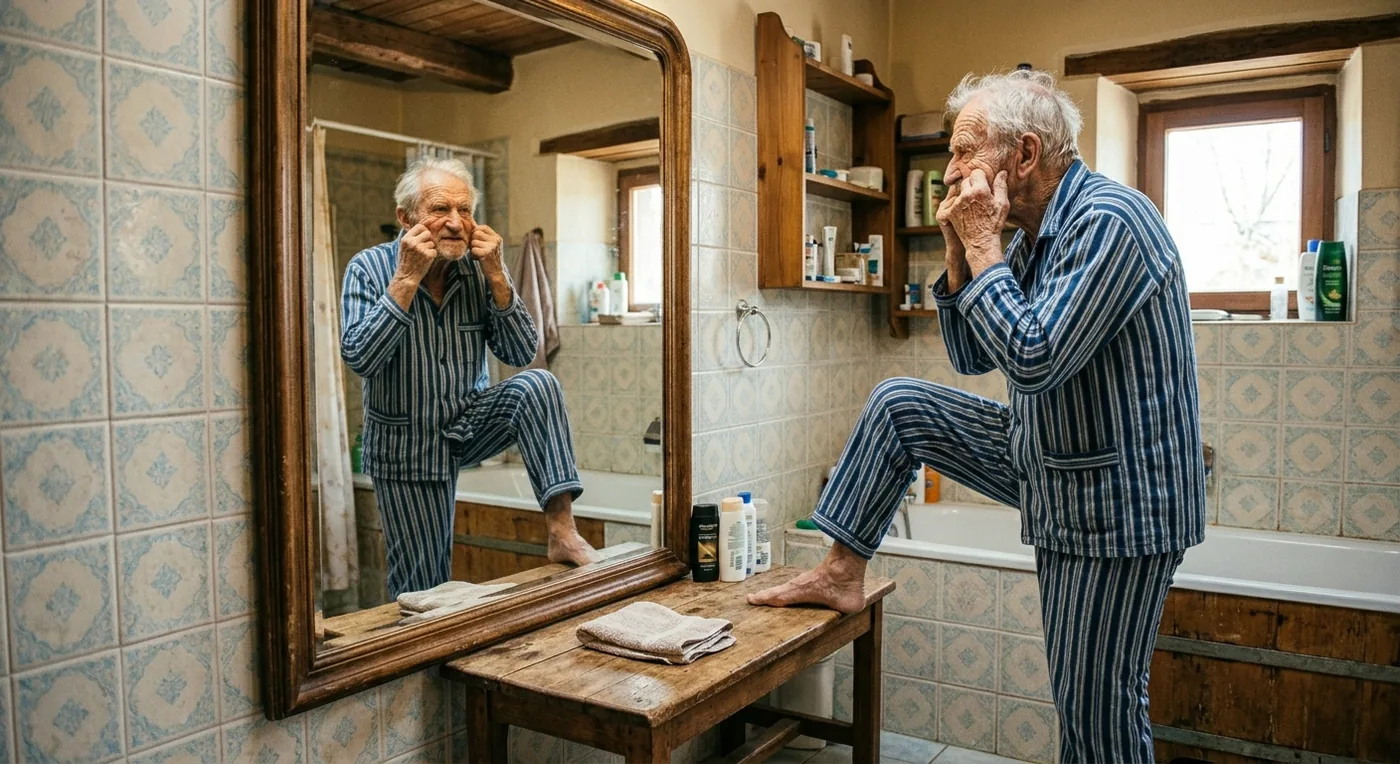 An older man examining his face in a bathroom mirror