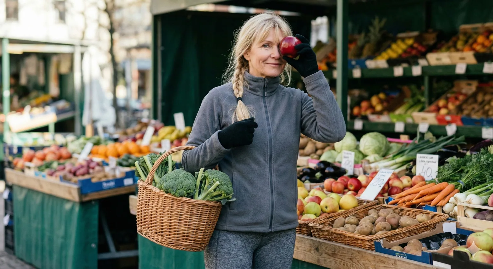 A woman choosing fresh produce at an outdoor market while holding a red apple