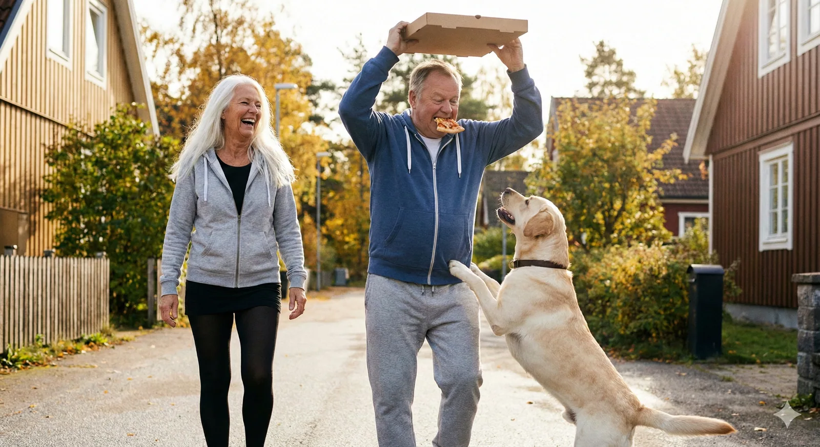 An older couple walking with their dog while enjoying pizza